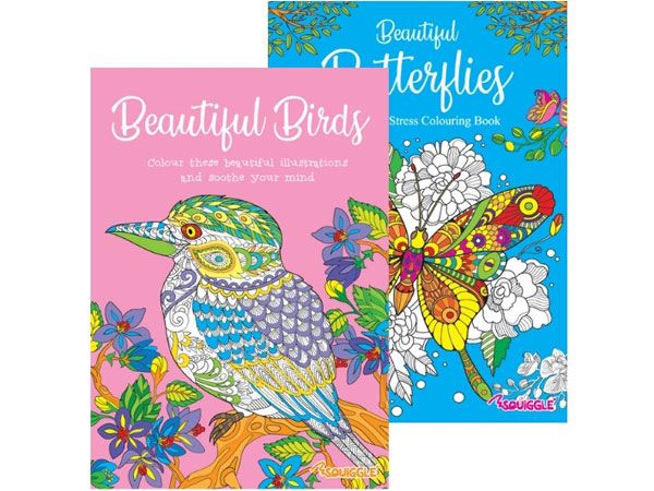Squiggle Relaxing Colouring Books - Butterflies & Birds Pk6