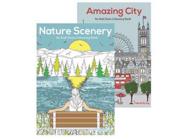 Squiggle Relaxing Colouring Books - Nature & Cities Pk6