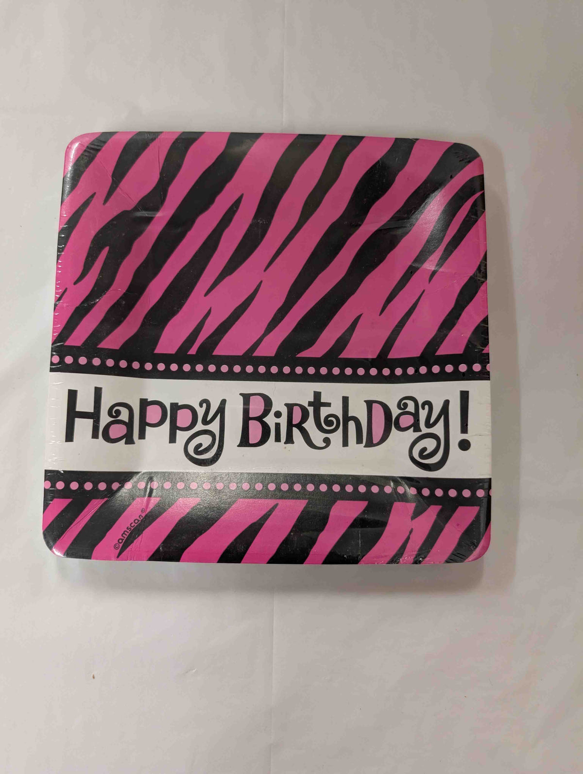 Large Happy Birthday Plates - Black & Pink Zebra Print