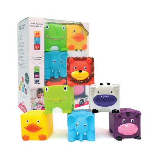 Colorful animal-shaped blocks with a stack of blocks and their packaging on a white background