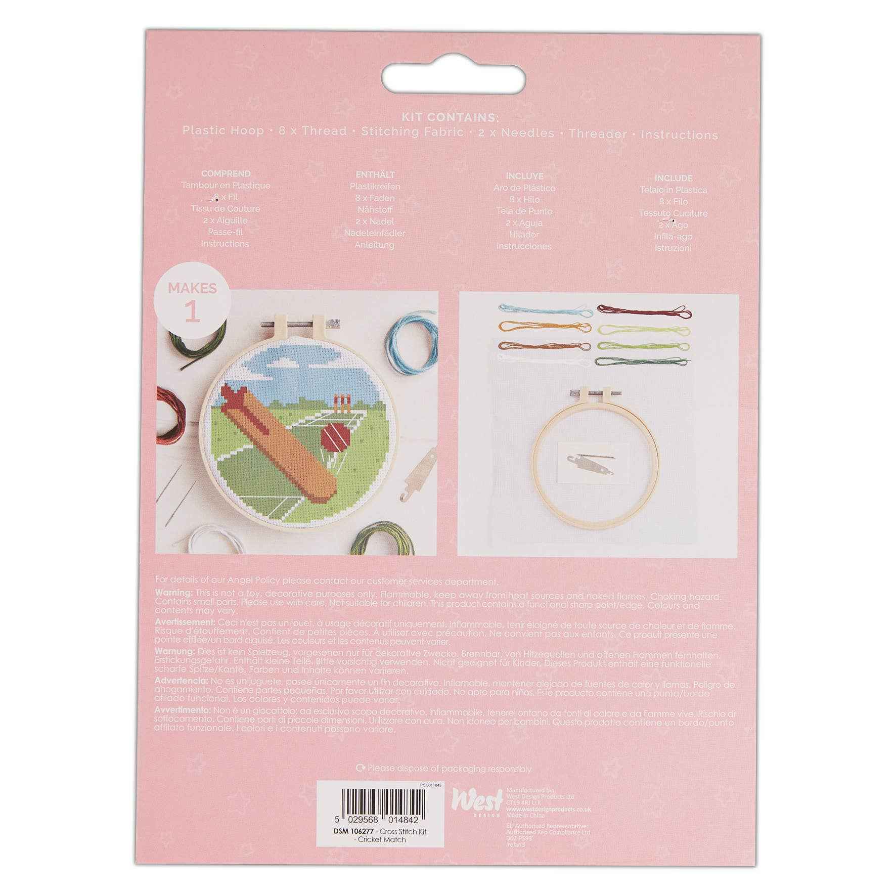 Simply Make Cross Stitch Kit, Cricket Match Design, 5"