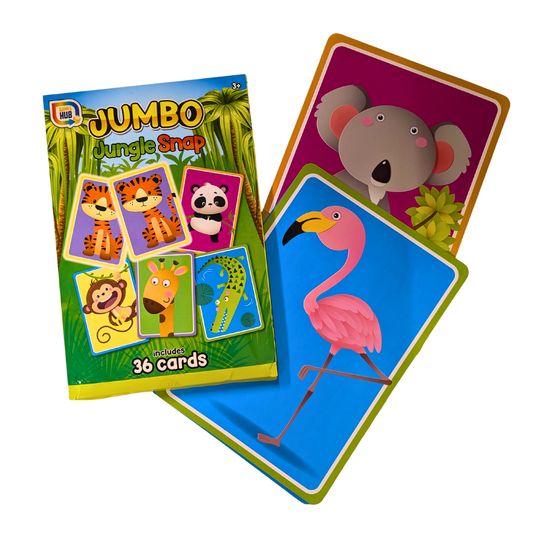 Jumbo Jungle Snap card game set with a colorful box and two sample cards showing cartoon animal illustrations on a white background.
