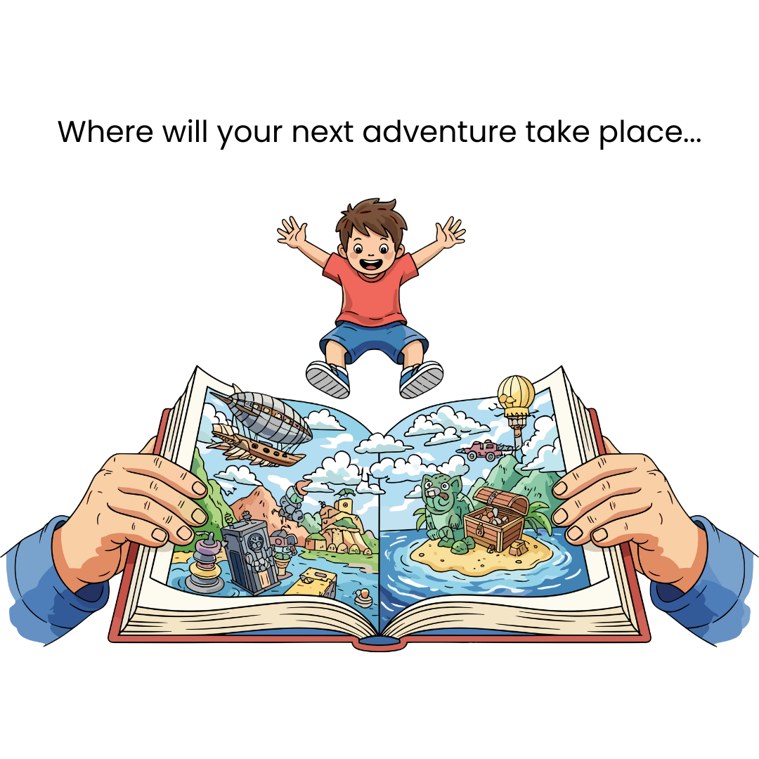 Illustration of a child jumping out of an open book with adventure-themed illustrations.