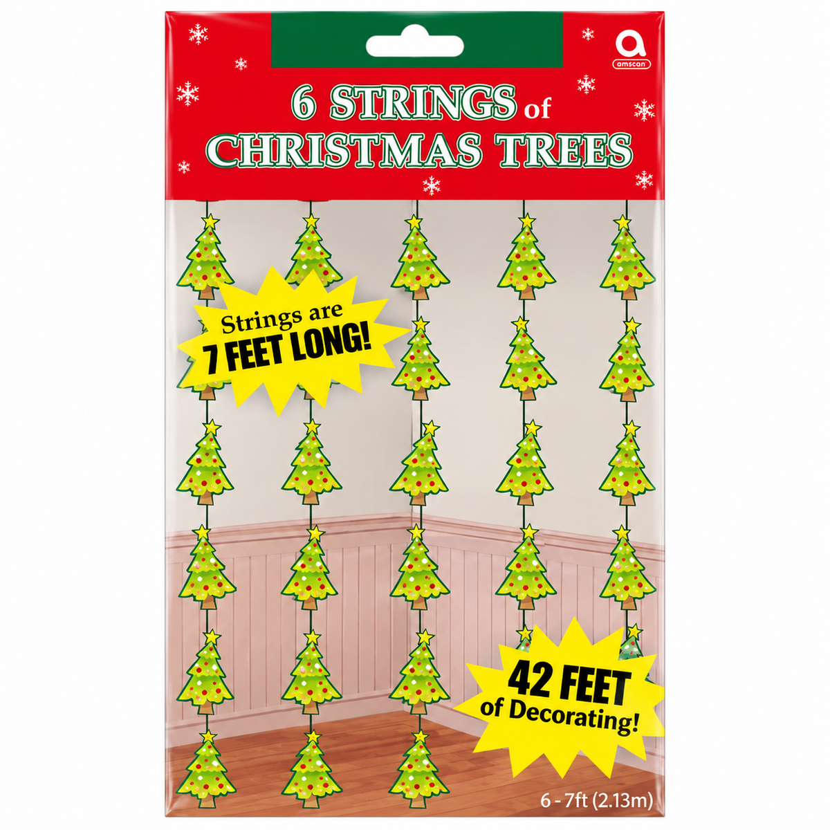 A package of six Christmas tree garlands, featuring a red header card with a green hanging tab. The graphics on the card show six green Christmas tree garlands with yellow ornaments, with text highlighting 'Strings are 7 FEET LONG!' and '42 FEET of Decorating!'.