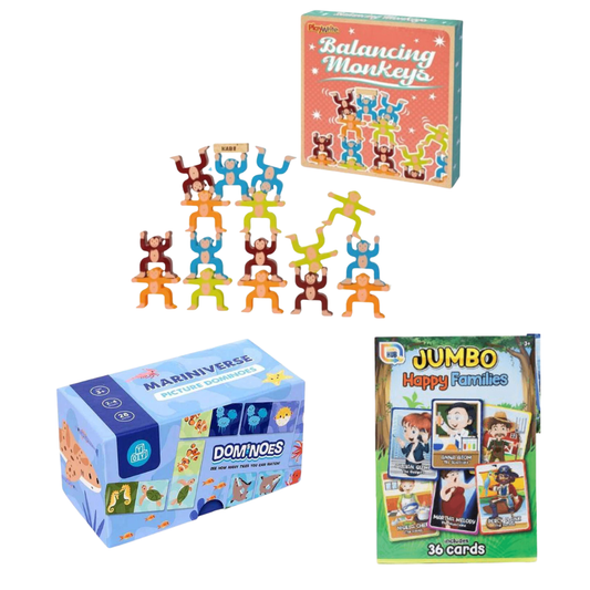 Family Fun Games Set | Balancing Monkeys | Marine Dominoes | Jumbo Happy Families Card Game