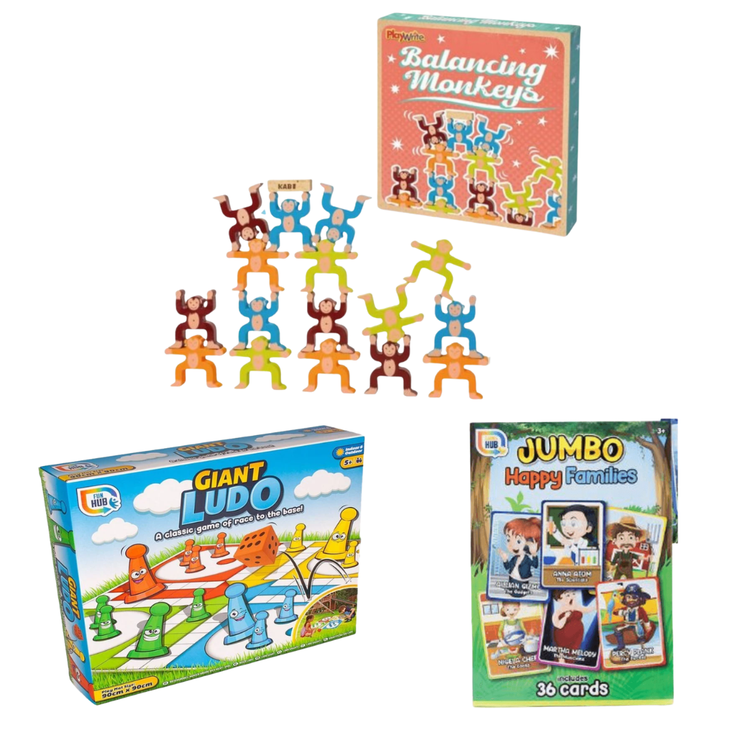 Family Fun Games Set | Balancing Monkeys | Giant Ludo | Jumbo Happy Families Card Game