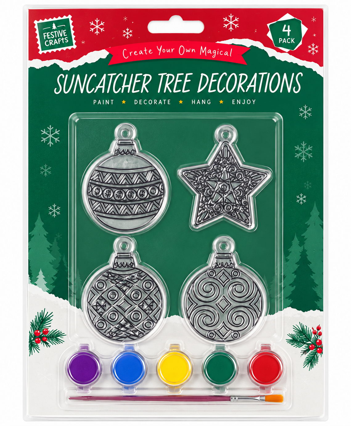 Festive Crafts Suncatcher Tree Decorations 4-pack in retail packaging, featuring four silver metal ornaments (two balls, one star, one oval) and a set of five paint pots with a paintbrush on a green and white holiday-themed backing card.