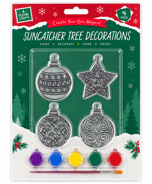 Festive Crafts Suncatcher Tree Decorations 4-pack in retail packaging, featuring four silver metal ornaments (two balls, one star, one oval) and a set of five paint pots with a paintbrush on a green and white holiday-themed backing card.
