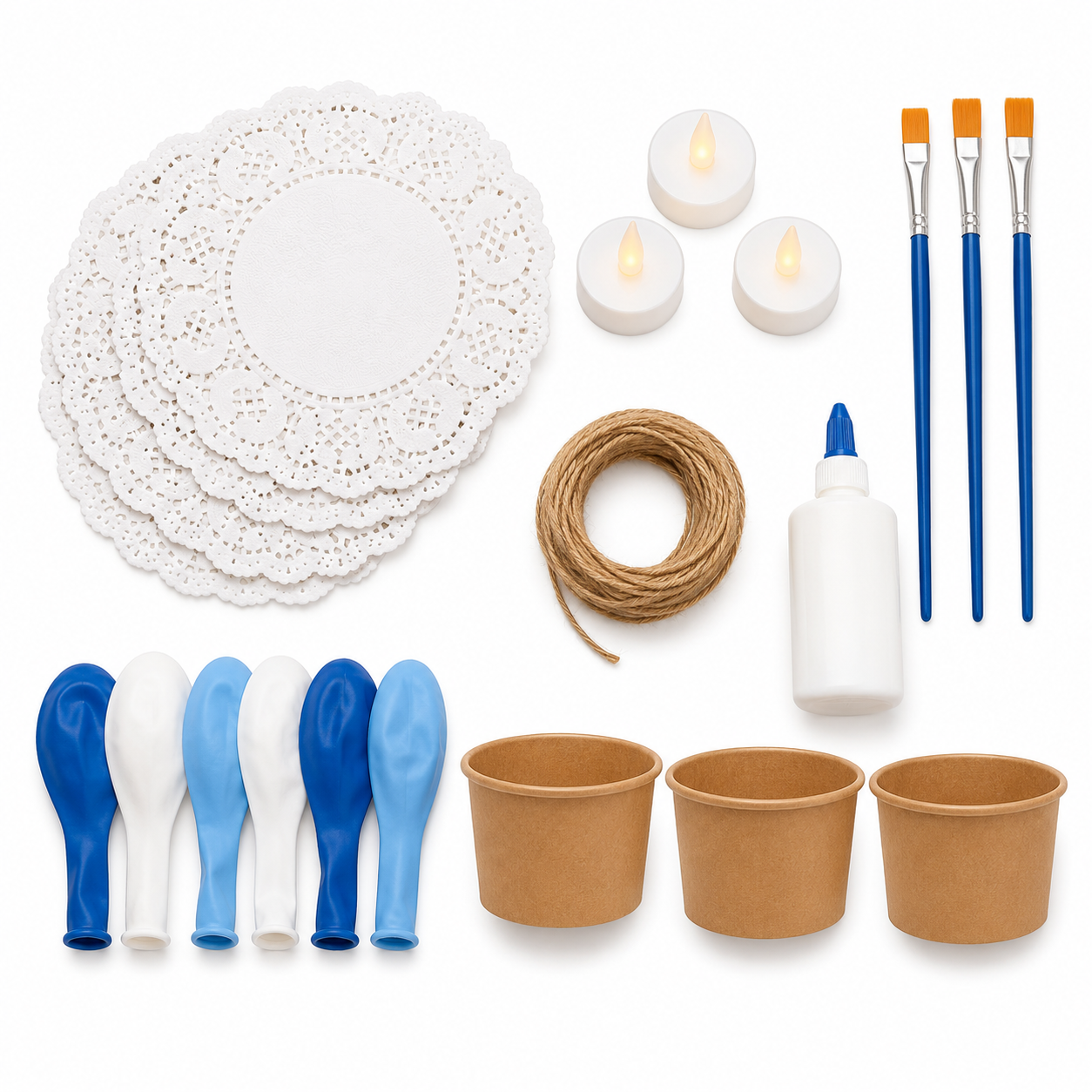 Blue Rain Lace Doily Balloon Lantern Craft Kit contents laid out on a white background