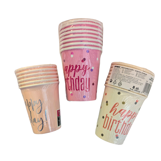 Sparkly Happy Birthday Disposable Cups Pk8 Pink