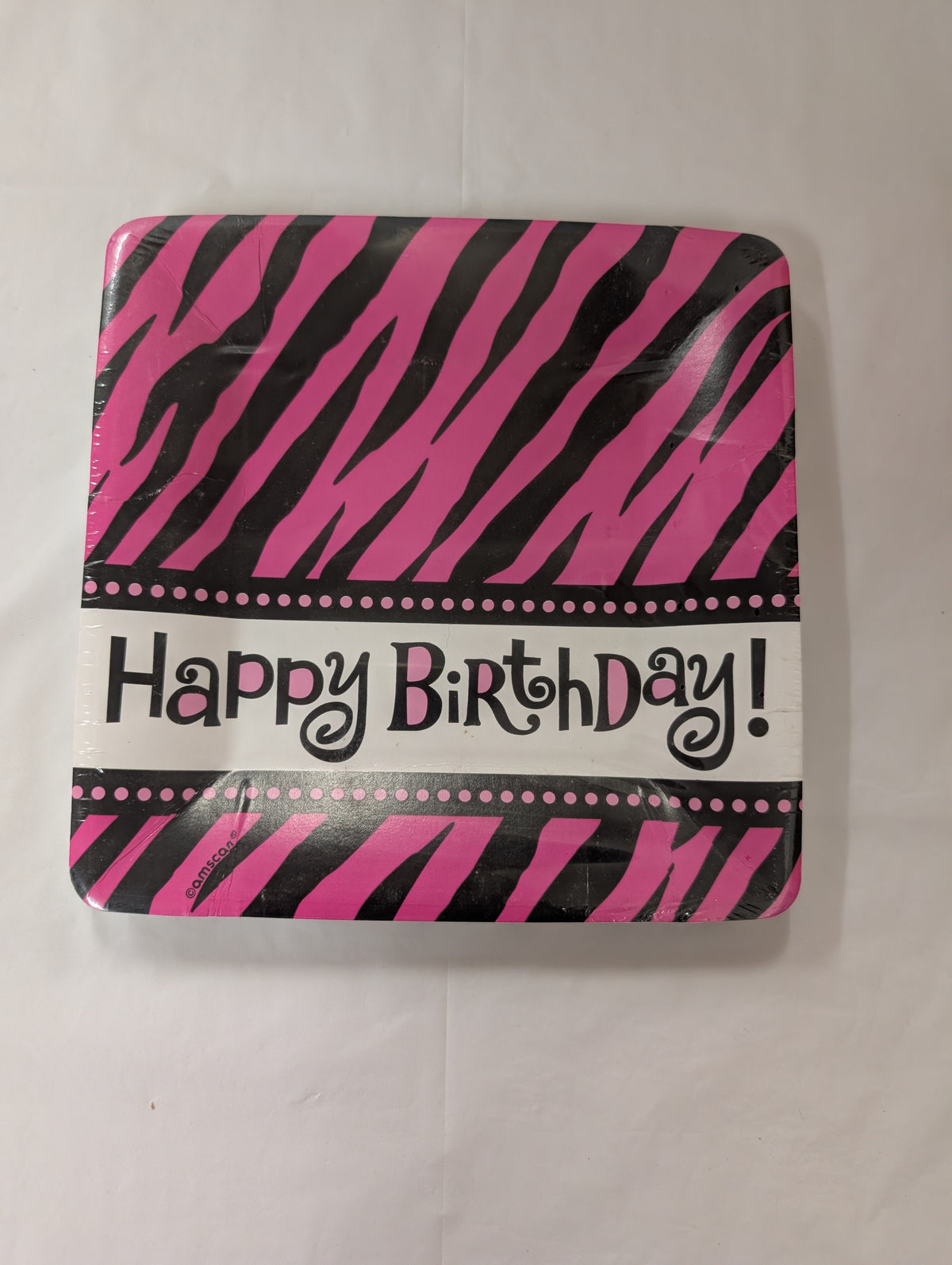 Large Happy Birthday Plates - Black & Pink Zebra Print