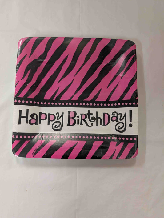 Large Happy Birthday Plates - Black & Pink Zebra Print