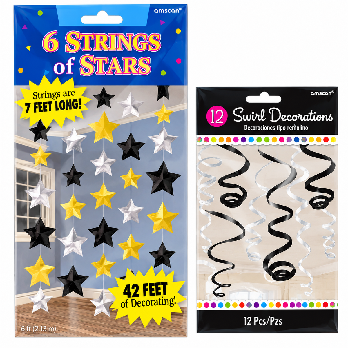 Two packages of Amscan party decorations on a white background: a package of 6 star strings in black, white, and yellow, and a package of 12 clear spiral table decorations.