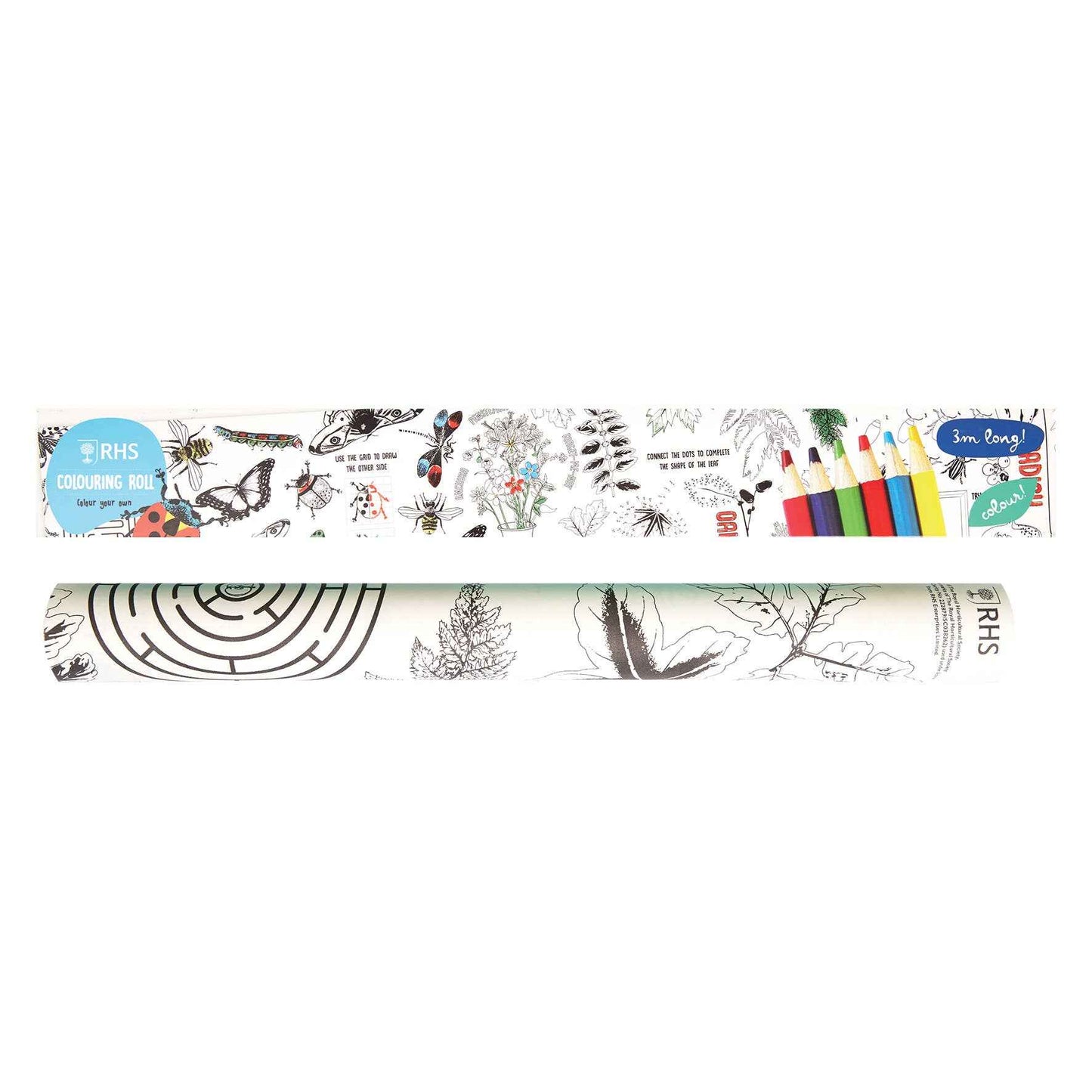RHS Colouring Roll and Pencils White, 3 Meters Bugs and Blooms