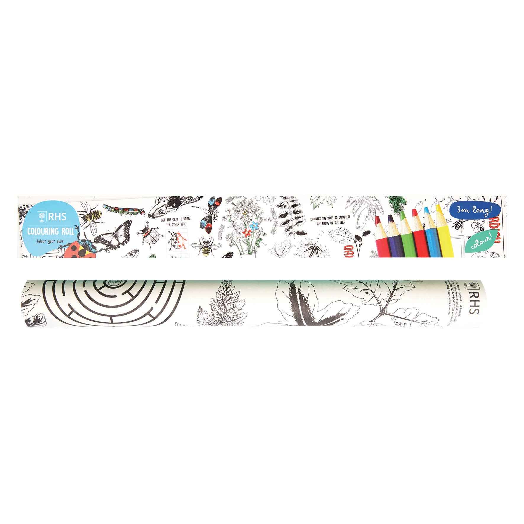 RHS Colouring Roll and Pencils White, 3 Meters Bugs and Blooms