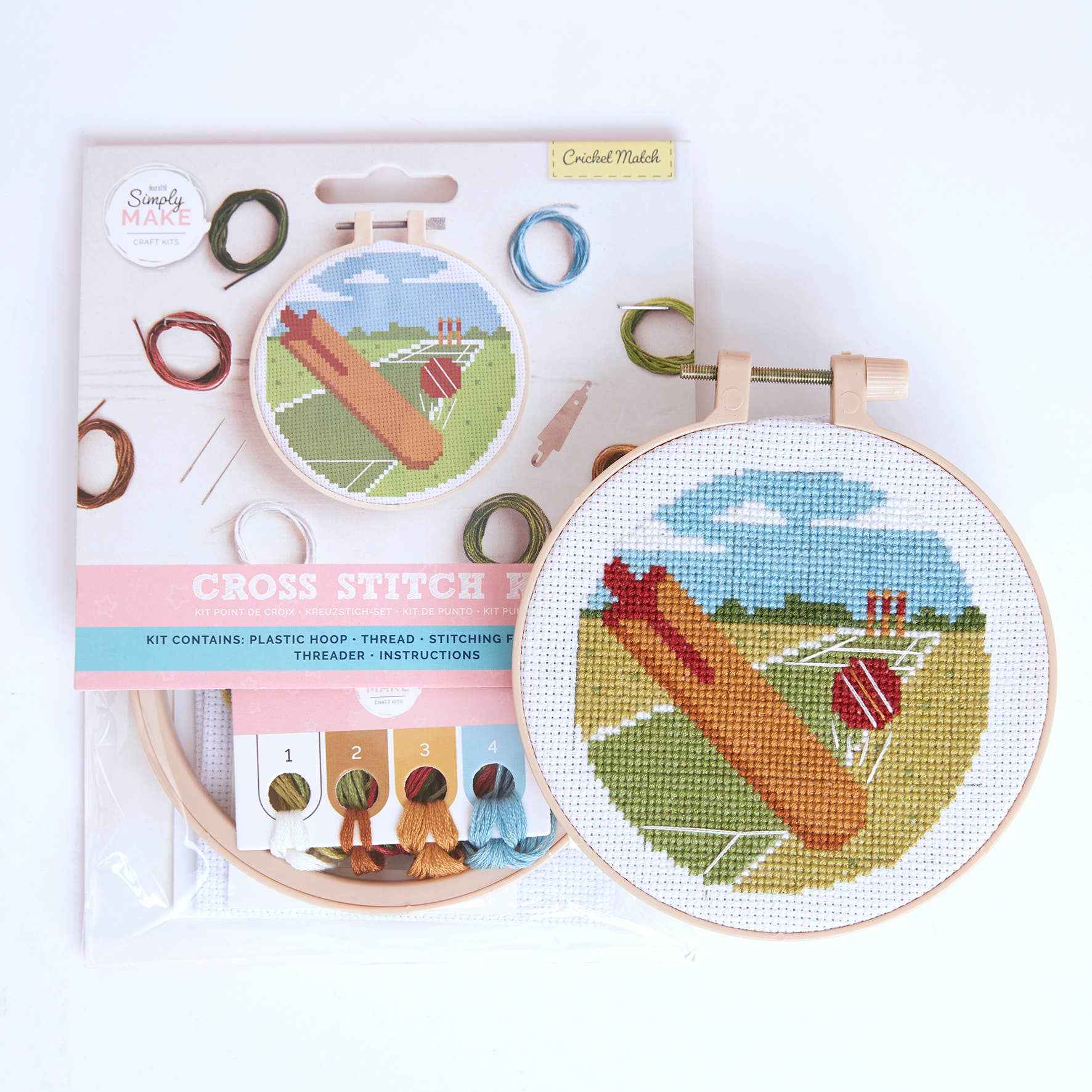 Simply Make Cross Stitch Kit, Cricket Match Design, 5"